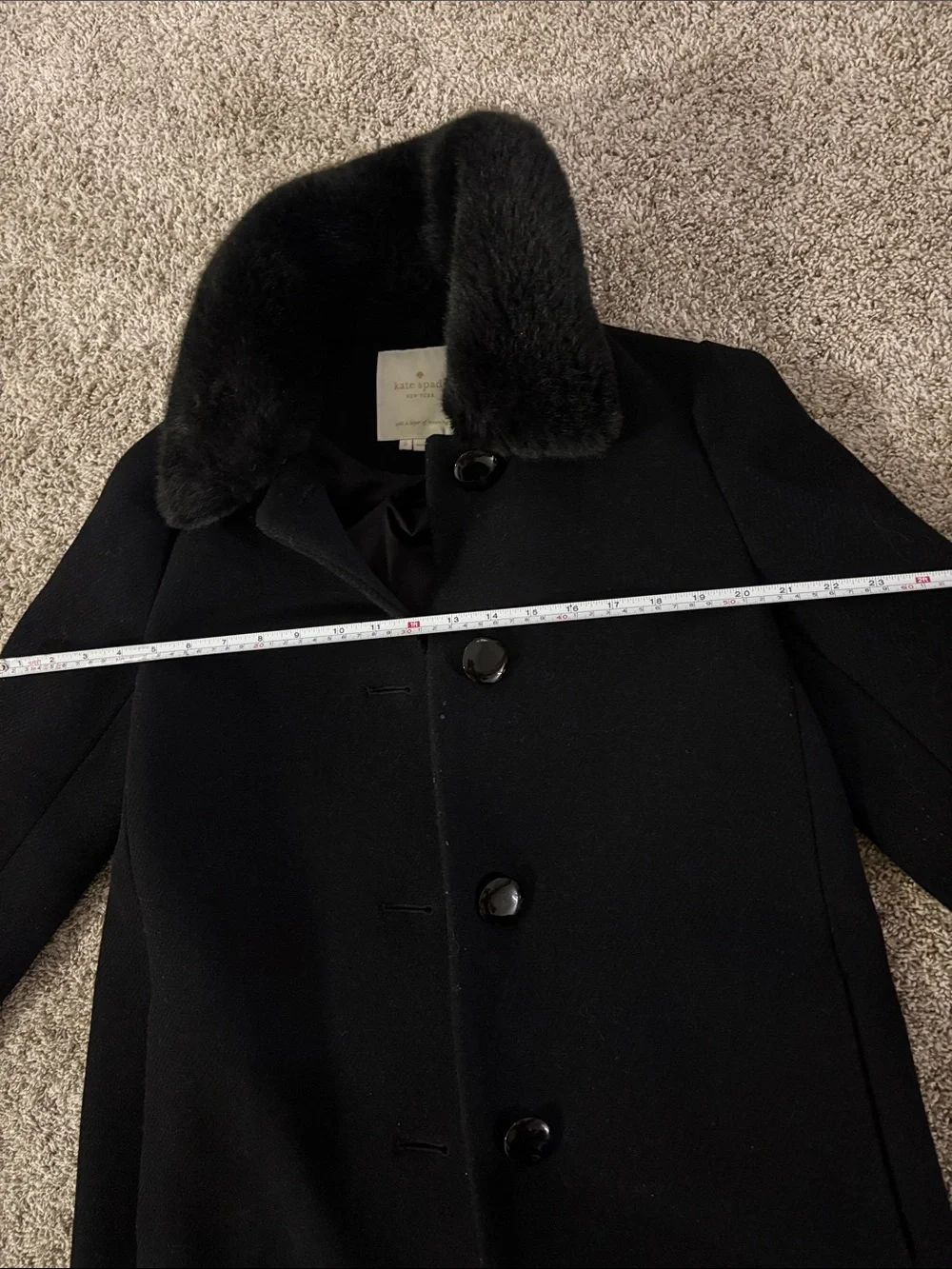 kate spade Black Faux-Fur Trim Wool Pea Coat